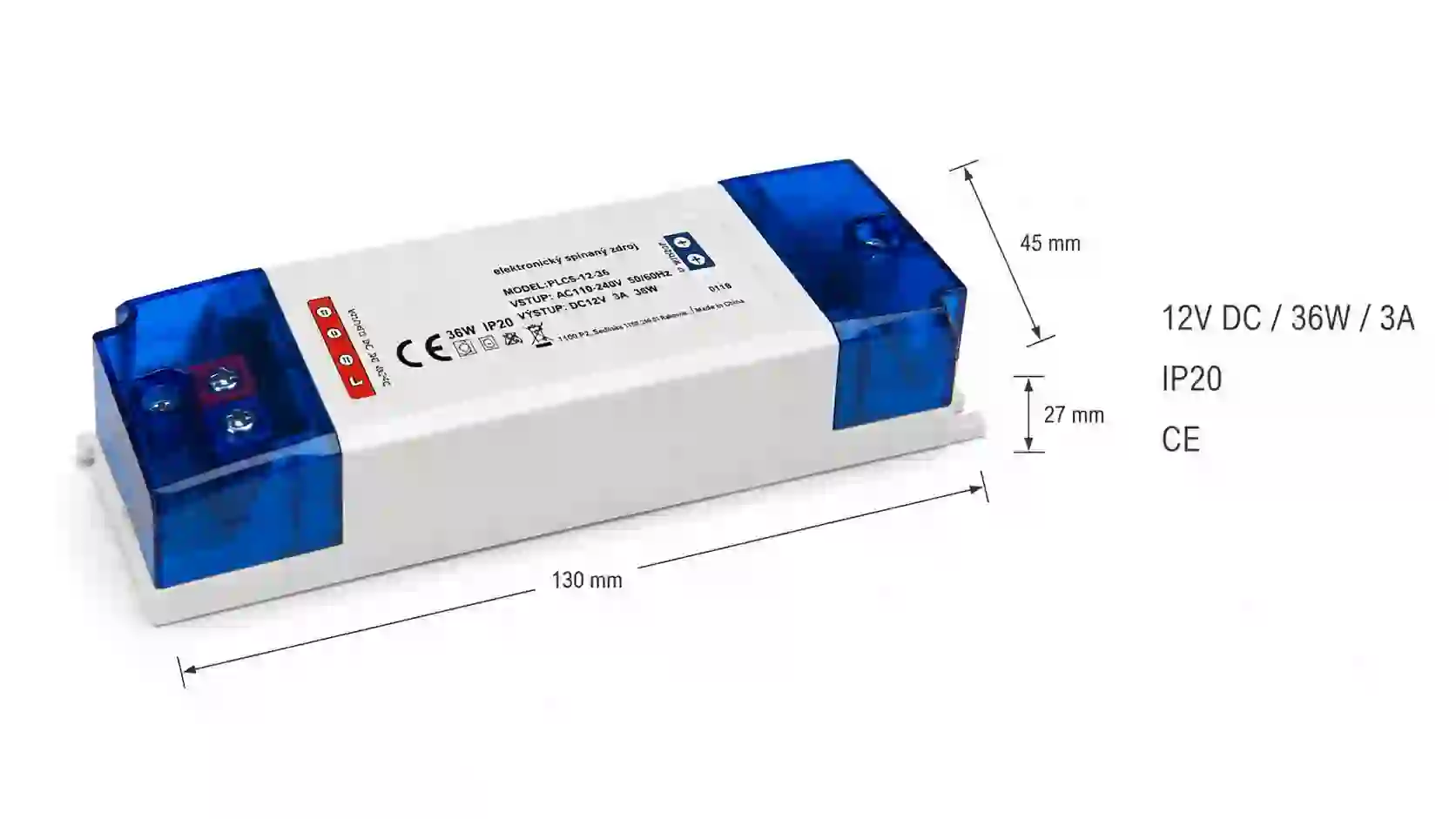 Rozměry a certifikace LED napájecího zdroje 12V 36W100